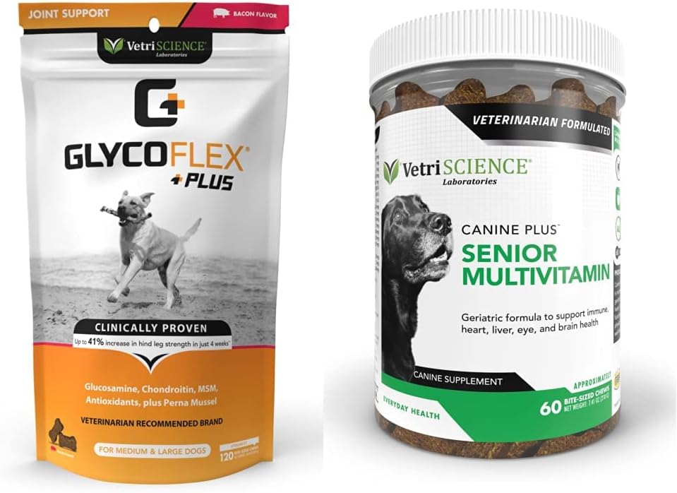 VETRISCIENCE Glycoflex Plus Chondroitin Maximum Strength Hip & Joint Supplement & Canine Plus MultiVitamin for Senior Dogs - Vet Recommended Vitamin Supplement, 60 (Packaging May Vary)