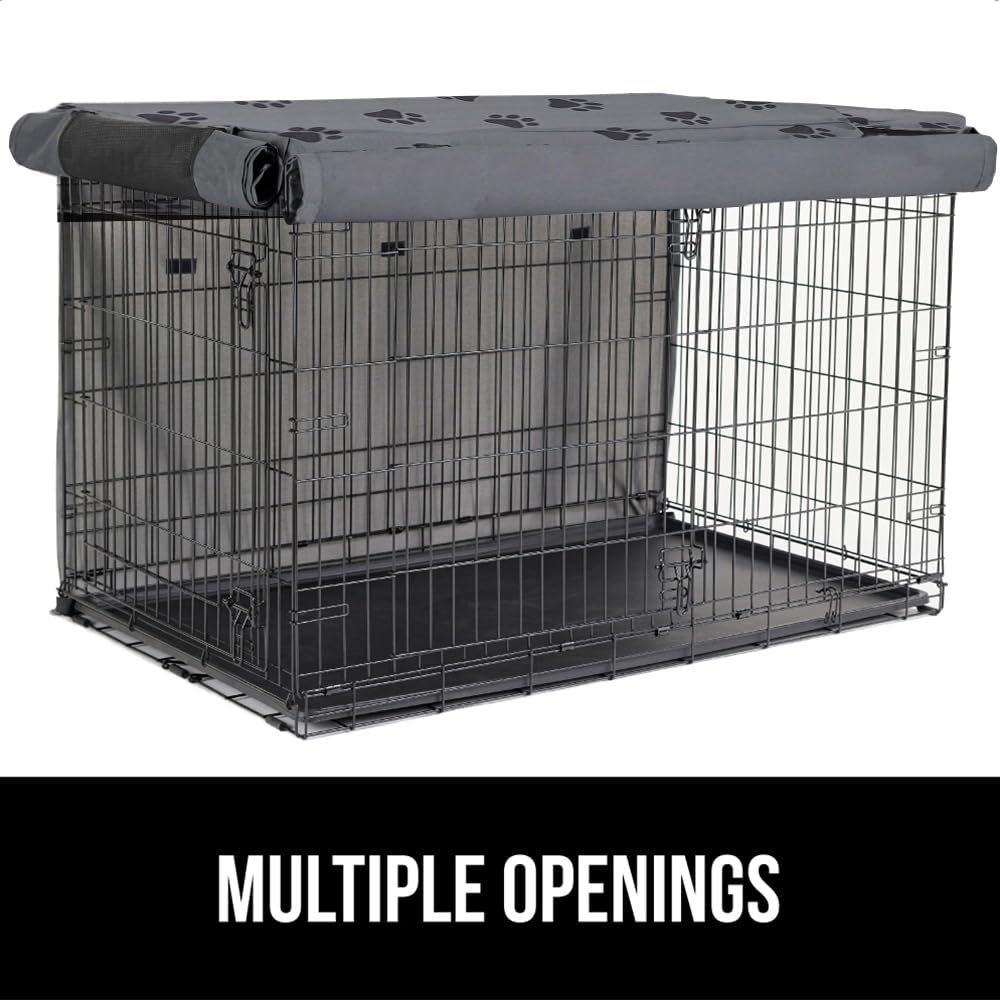 GORILLA GRIP Dog Crate Covers compatible with Amazon Basics Dog Crates, All Sides Open, Privacy Cover Fits 42" Wire Kennel, Breathable Mesh Windows, Light Reducing Puppy Training Cage Topper, Gray Paw