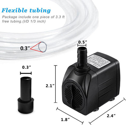 PULACO 160GPH Small Fountain Pump, Ultra Quiet Submersible Water Pump (600L/H, 10Watt) with 3.3 ft Tubing for Aquariums, Pond Fountain, Water Feature, Indoor Fountains
