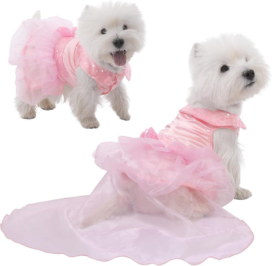 ASENKU Dog Dress, Dog Wedding Dress Skirt with Detachable Hemline, Princess Lace Puppy Christmas Birthday Party Outfit Formal Costume with Sequins Bow for Medium Large Dogs (Pink, Large)