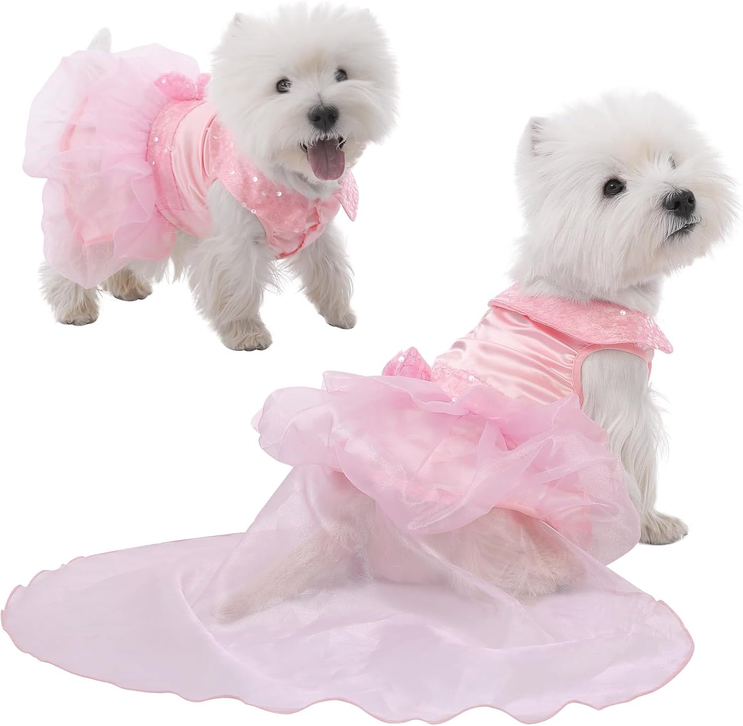 ASENKU Dog Dress, Dog Wedding Dress Skirt with Detachable Hemline, Princess Lace Puppy Christmas Birthday Party Outfit Formal Costume with Sequins Bow for Medium Large Dogs (Pink, Large)