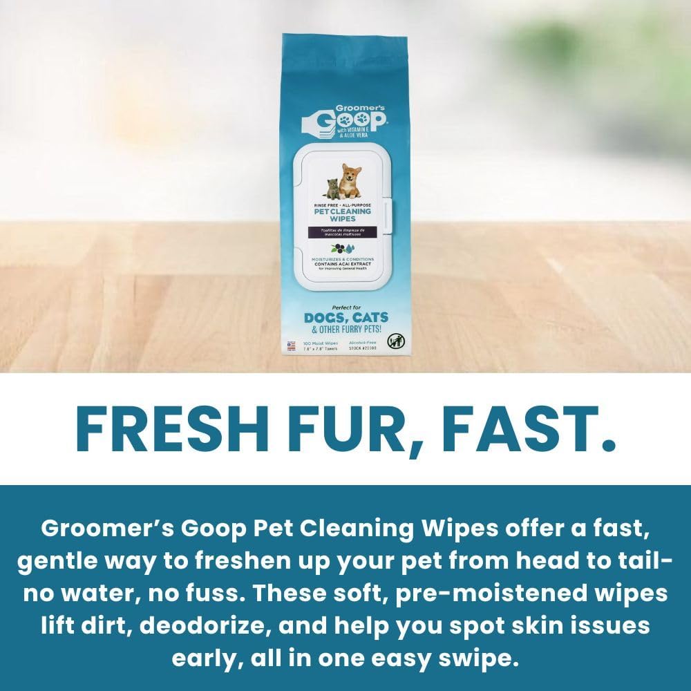 Groomer’s Goop Pet Cleaning Wipes – Gentle, Alcohol-Free Formula with Acai Extract for Dogs & Cats, Safely Cleans & Deodorizes Fur, Supports Skin Health, Great for Puppies & Kittens – 100 Count Pack