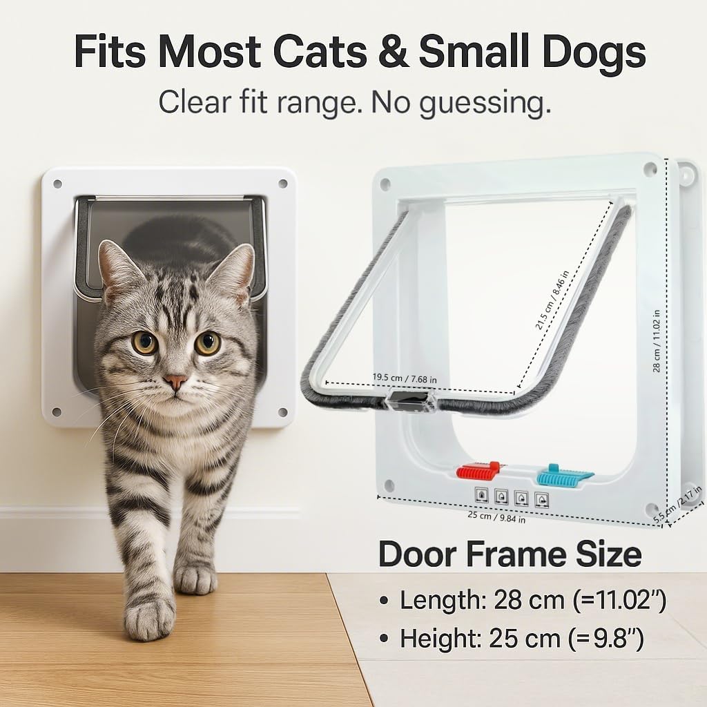 Extra Large Cat Door with 4-Way Lock (Outer Size 11"x9.8"), Weatherproof Flap for Cats & Small Dogs up to 25.5 lbs, White