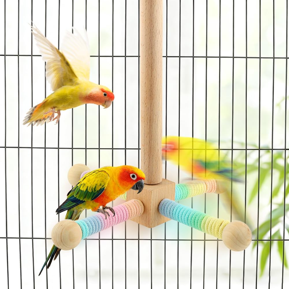 Parrot Spinning Windmill Perch, Bird Toy Rotating Stand for Parakeets, Cockatiels, Budgies - Interactive Wooden Cage Accessory, Enrichment Toy for Small & Medium Parrots, Lovebirds