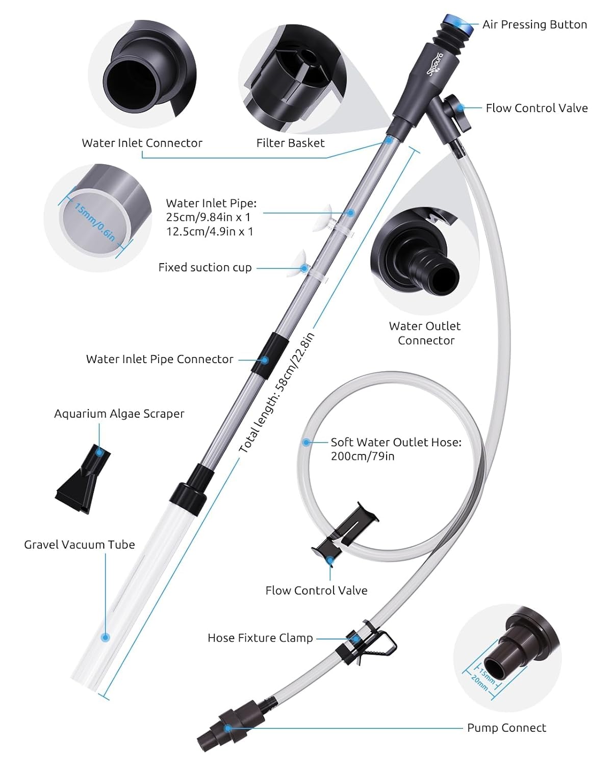 SEAOURA Aquarium Thermometer & Aquarium Vacuum Cleaner