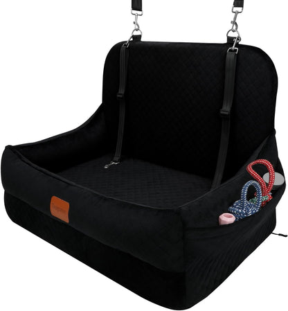 Dog Car Seat for Medium/Large Dogs Under 50 lbs,Contains 4 Inches of Memory Foam Pet Booster Seat with 2 Safety Leashes,Detachable & Washable Car Bed，Multi-Functional Pet Travel Bed with Pockets