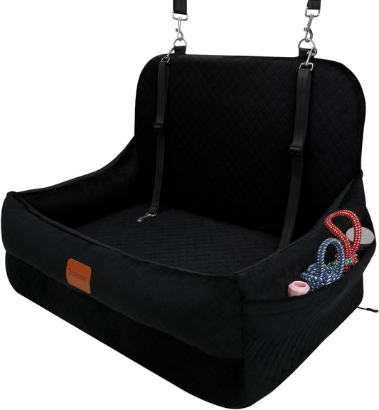 Dog Car Seat for Medium/Large Dogs Under 50 lbs,Contains 4 Inches of Memory Foam Pet Booster Seat with 2 Safety Leashes,Detachable & Washable Car Bed，Multi-Functional Pet Travel Bed with Pockets