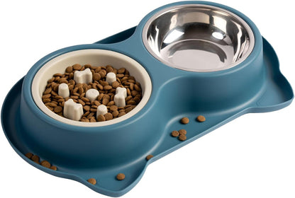 Slow Feeder Dog Bowls with Non-Slip Mat, 3-in-1 Stainless Steel Bowl Slow Feeder Prevents Gulping, Paired with Weighted Base Water Dog Bowls for Large Medium Small Breed Size Dogs and Cats