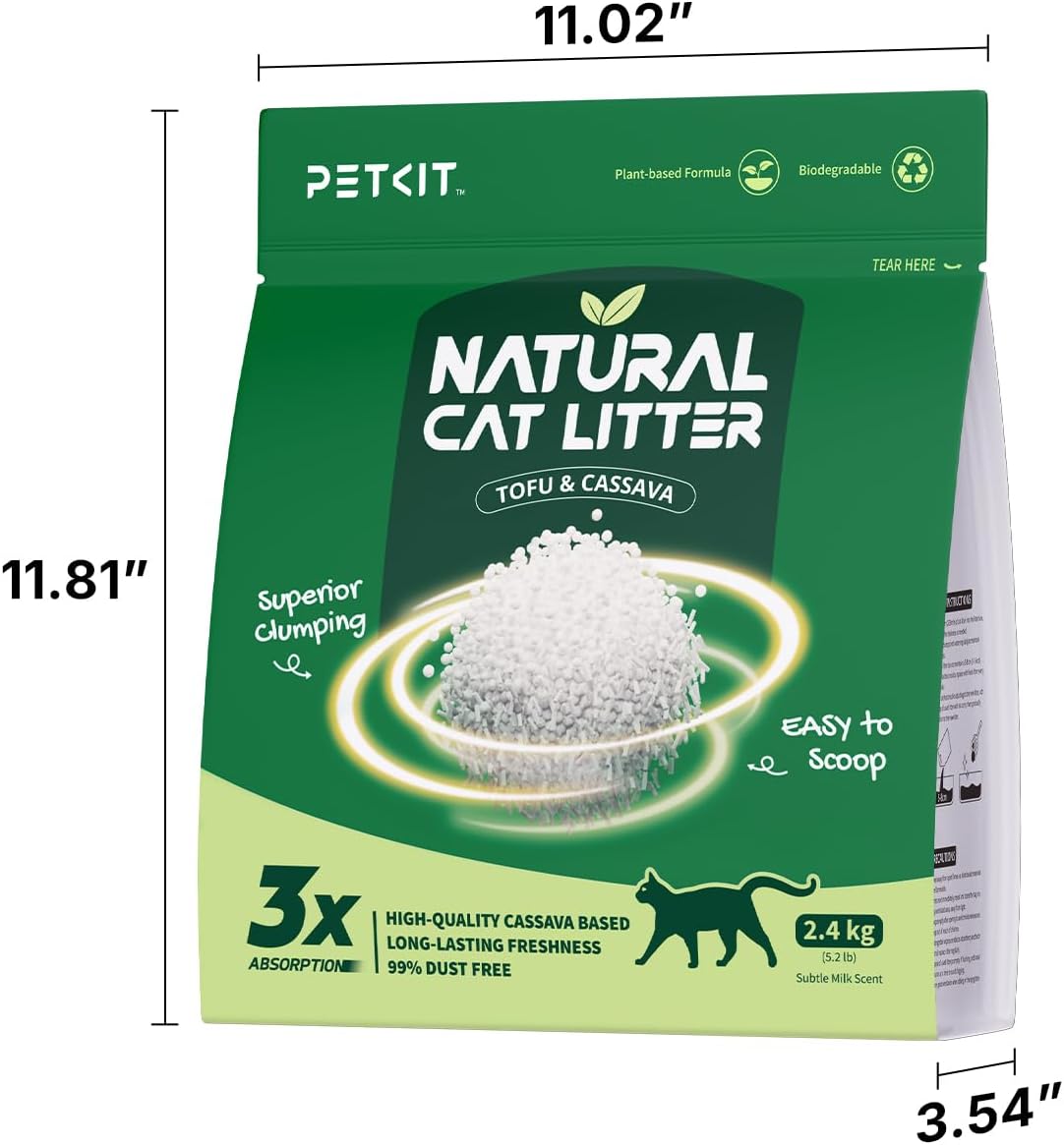 PETKIT 2025 New Plant Tofu Mixed Litter, Superior Clumping 100% Natural Ingredients Plant Cat Litter, Dust-Free and Low Tracking, Non-Sticky, Easy Scooping (5.2lb×4bags)