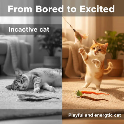 9 Pcs Interactive Cat Feather Toys for Indoor Self Play & Exercise, Cat Wand Toy, 2 Play Modes Kitten Teaser Wand, Reusable Suction Cup Kitten Toys