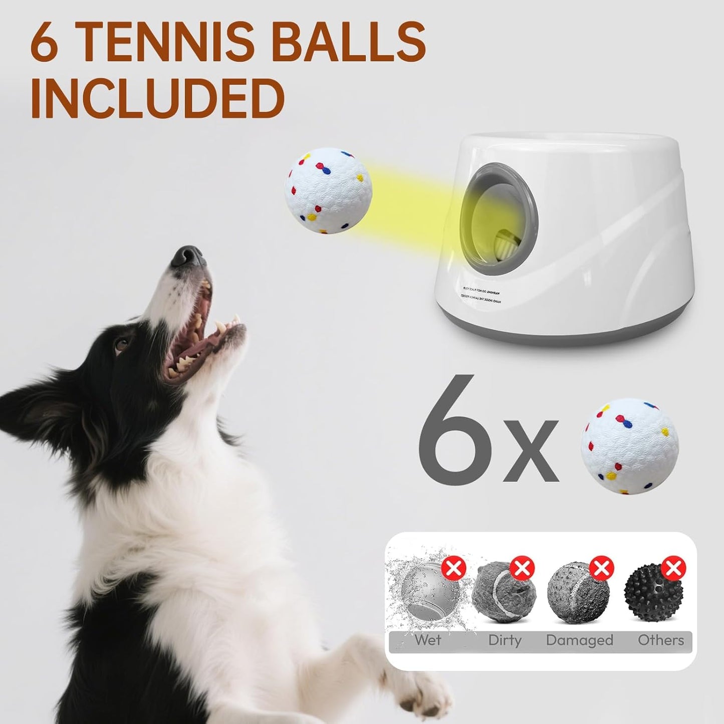 Automatic Ball Launcher for Dogs with 6 ETPU Balls, White, Adjustable Distance 20-45ft, USB Rechargeable, Interactive Pet Toy (Gary)