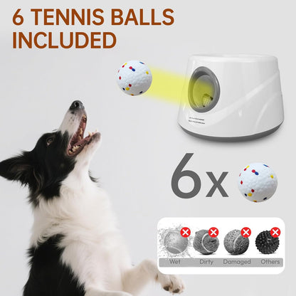 Automatic Ball Launcher for Dogs with 6 ETPU Balls, White, Adjustable Distance 20-45ft, USB Rechargeable, Interactive Pet Toy (Gary)