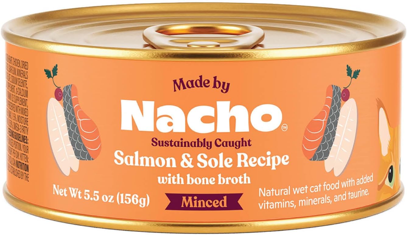 Made by Nacho Sustainably Caught Salmon & Sole Recipe with Bone Broth Minced Wet Cat Food, 5.5-oz can, Case of 24
