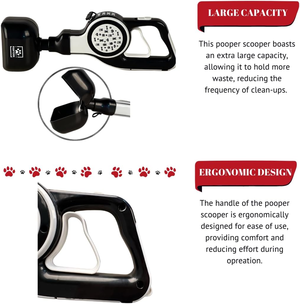 17" Pooper Scooper with Retractable Leash - 4 in 1 Dog Pet Waste Picker with Leash for Outdoor Use and 2x20 Waste Bag Rolls - Poop Scooper for Dogs