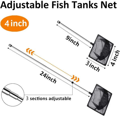 Fish Net for Fish Tank, Fine Mesh Aquarium Net with 9-24 Inch Stainless Steel Long Handle, Extendable Fishing Tank Net for Fish Shrimp Tank, Pond, Creek (4 inch)