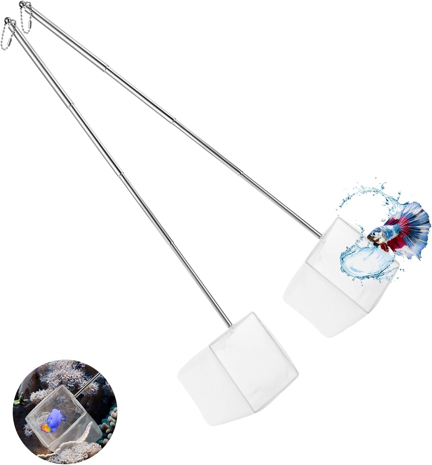 2 Pack Fish Tank Net 3 Inch Square Small Fish Net with Extendable Stainless Steel Handle Fine Mesh Shrimp Nets for Aquarium Tank Pond Bettas Debris Skimming