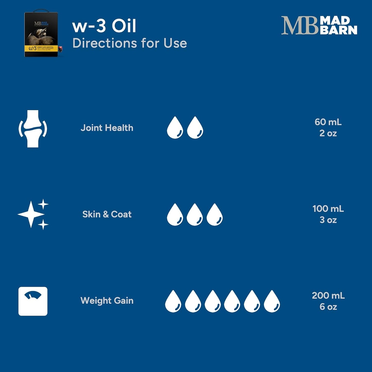 Mad Barn - W-3 Oil 5 L with Omega-3 DHA & Natural Vitamin E | Fat Supplement for Horses | Supports Healthy Skin & Shiny Coat