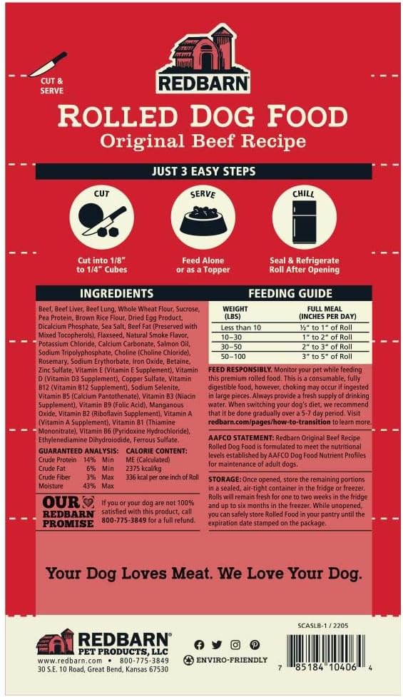 Redbarn Pet Products Premium Rolled Dog Food, Semi-Moist, Beef Recipe - High Protein Full Feed, Topper, Training Treat, or Pill Pouch - Balanced Meal with Functional Ingredients - 4 lb, 8 Rolls