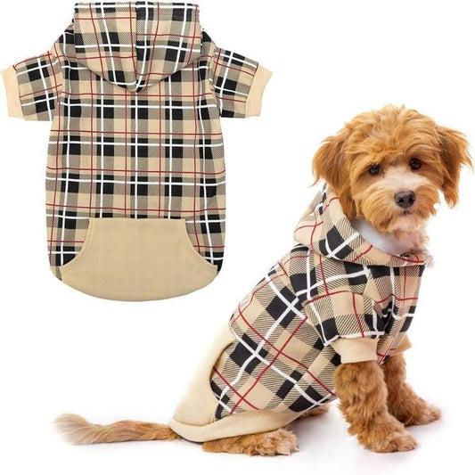 EXPAWLORER Plaid Dog Hoodie - British Style Warm Dog Sweater Shirt with Leash Hole,Pitbull Clothes Outfits,Winter Coat Apparel for All Breeds Puppy Girl Boy-Cat Apparel,Beige Small
