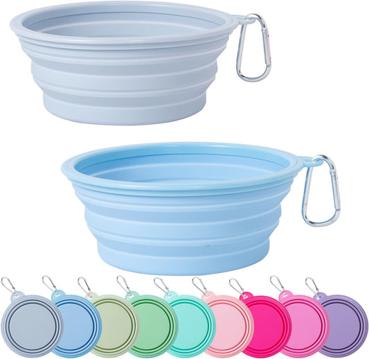 SLSON Collapsible Dog Bowl, 2Pack Macaron Color Pet Travel Bowls Silicone Foldable Water Feeder Dish for Small to Large Dogs Cat Walking Hiking Camping (Macaron Blue and Light Grey, Medium)