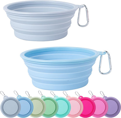 SLSON Collapsible Dog Bowl, 2Pack Macaron Color Pet Travel Bowls Silicone Foldable Water Feeder Dish for Small to Large Dogs Cat Walking Hiking Camping (Macaron Blue and Light Grey, Medium)