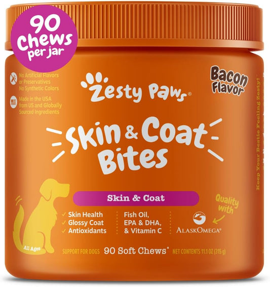 Zesty Paws Omega 3 Fish Oil for Dogs - Zesty Paw Dog Vitamins and Supplements for Hip, Joint & Skin, Bacon (90 Chews)