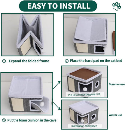 Beds for Indoor Cats,Large Cat Cave for Pet Cat House with Fluffy Ball Hanging and Scratch Pad,Side with Toy Storage Bag,Non-Slip Bottom