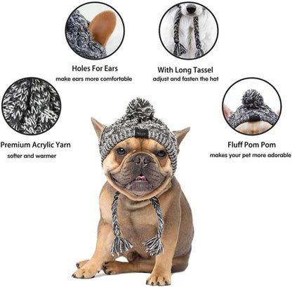 Polar Pom Pom Dog Winter Hat - Warm Knitted Pet Hat with Ear Holes & Long Tassel, Perfect for Small Dogs (Grey, Medium)