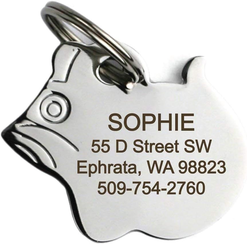 GoTags Cat ID Tag, Personalized Cat Shape Pet ID Tag in Stainless Steel, Includes up to 4 Lines of Custom Engraved Text – Stainless Steel, Kitty Face