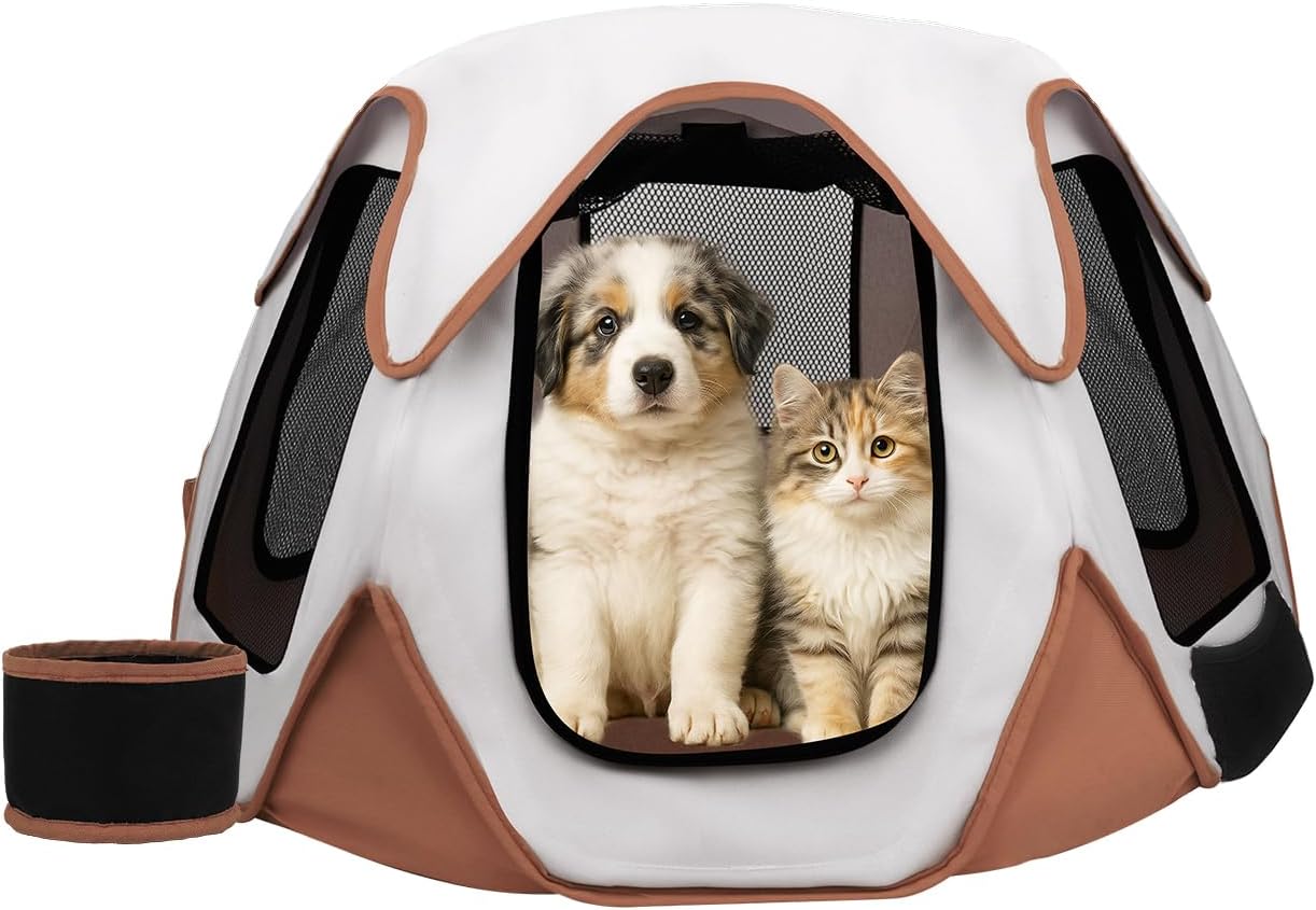 Foldable Portable Pet Playpen with Feeding Bowls, Indoor Outdoor Pet Tent for Dogs Cats Rabbits Chickens, Travel Camping Pet Enclosure(Brown)