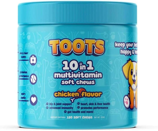 Toots 10-in-1 Multivitamin for Dogs -120ct Chicken Flavor Soft Chews for Hip and Joint, Skin and Coat, and Immune Support - Organic, Gluten-Free Dog Vitamins for All Breeds and Ages