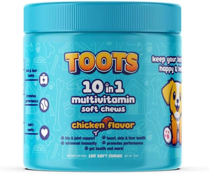 Toots 10-in-1 Multivitamin for Dogs -120ct Chicken Flavor Soft Chews for Hip and Joint, Skin and Coat, and Immune Support - Organic, Gluten-Free Dog Vitamins for All Breeds and Ages