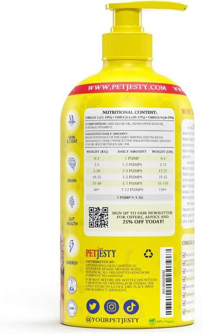 PetJesty Pure Omega 3 Oil for Dogs & Cats 26.39oz - Omega 3 Skin & Coat Support- Liquid Food Supplement for Pets - Vegan pet + DHA for Joint Function, Immune & Heart Health, Non Fish Oil Dog and Cat