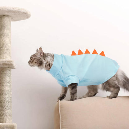 DENTRUN Sphynx Cat Clothes, Cute Dinosaur Design Hairless Cat Costume, Breathable Cotton Shirts Cat Clothes for Cats Only, Round Collar Kitten Daily T-Shirts with Sleeves, Cats Funny Cosplay Apparel