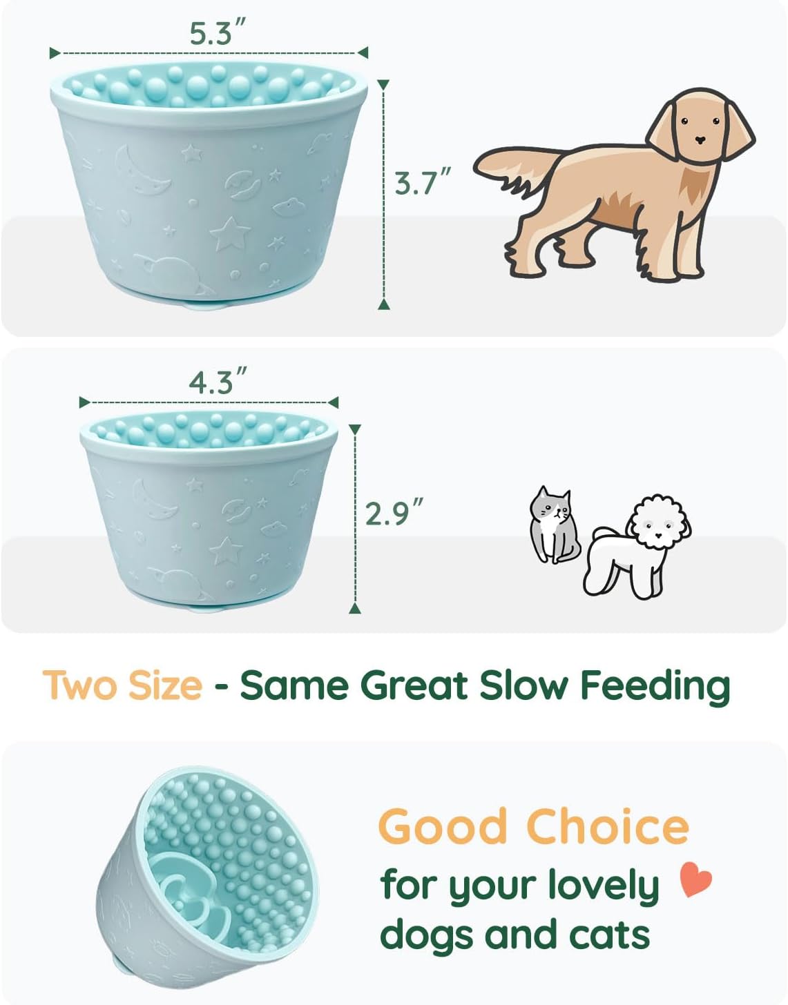 Slow Feeder Bowl Bundle: Light Blue Frozen Lick Mat (6.0" x 1.0") + Mint Green Starry Sky Feeder (4.3" x 2.9"), Freeze-Friendly Lick Bowl with Suction Cups for Enrichment and Anxiety Relief