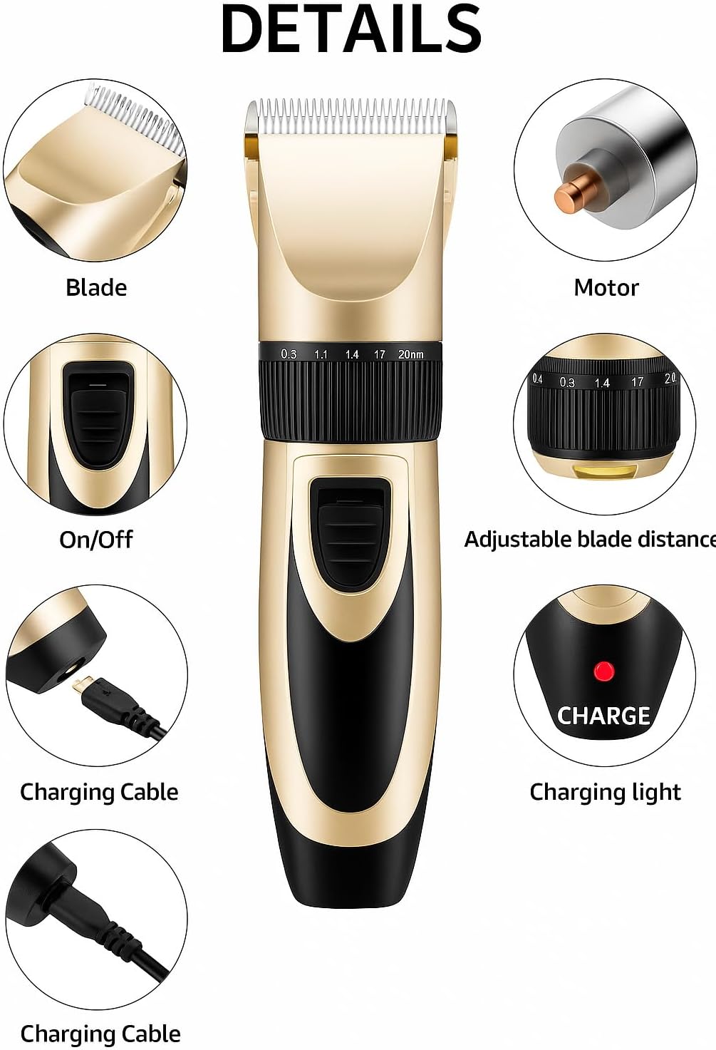 Dog Trimmer Pet Grooming Kit, 14 Piece Low Noise Rechargeable, Dog Shaver Cordless Electric Quiet, Nail Clipper, Filer, Scissors, Paw Trimmer Complete Set for Dog Cats Pets (Gold)