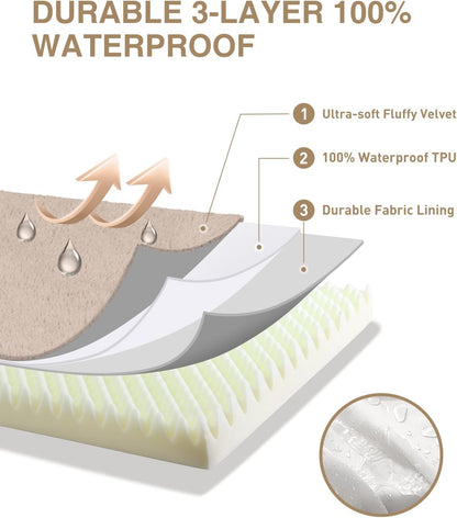 KSIIA Orthopedic Dog Bed Crate Waterproof Pet Mats for Large Dogs Deluxe Plush Washable Pet Bed with Egg Crate Foam & Removable Cover, 41 x 27 Inch, Khaki