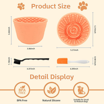 Dog Lick Bowl with Brush and Scraper, Anxiety Relief Silicone Slow Feeder Treat Dispenser, Anti-chocking Pet Dish, Non-Slip Interactive Entertainment Dog Puzzle Toy for Medium & Large-Light Orange