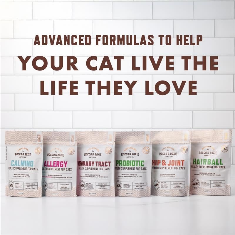 Rocco & Roxie Senior Cat Hip & Joint Supplements - Chicken Flavored Glucosamine Joint Supplement for Cats, Cat Arthritis Pain Relief, with Green Lipped Mussel, Made in USA, Over 300 Crunchy Chews