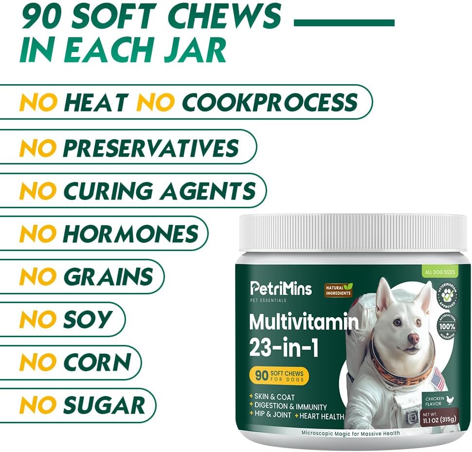 23-in-1 Dog Vitamins Supplements, Multivitamin Treats for Dogs with Glucosamine & Omega-3, Comprehensive Support for Hip & Joint, Digestion, Immune Health, Skin, Heart - 90ct, Chicken