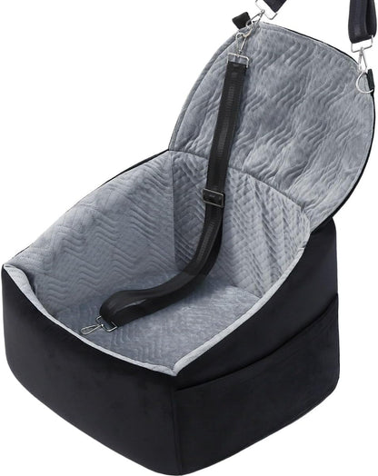 Dog Car Seat for Small Dogs, Pet Booster Seat with Extendable Backrest, Pet Car Seats up to 30 lbs, Washable Removable Cover Travel Bed with Storage Pockets and 2 Safety Leashes, Black&Grey