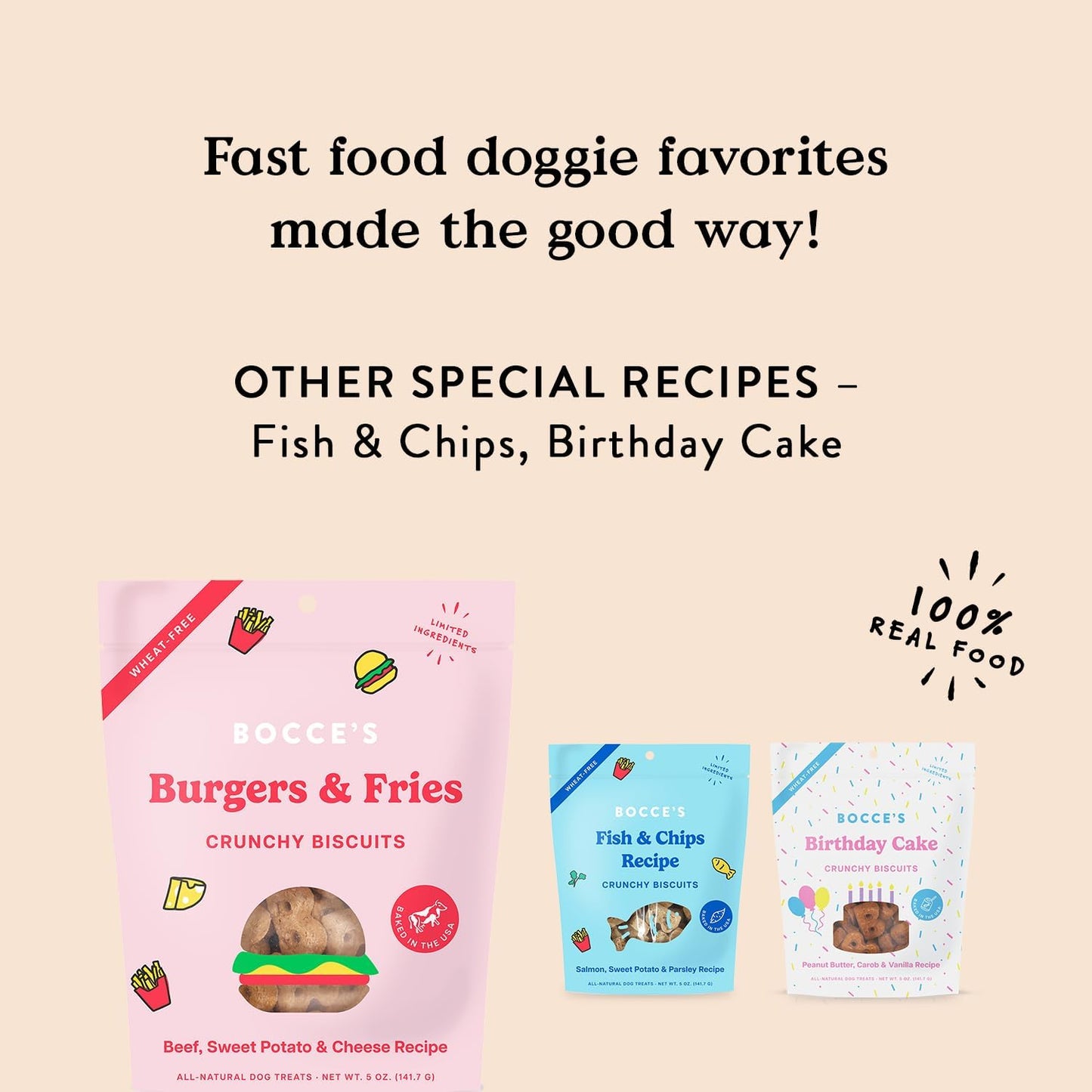 Bocce's Bakery - Limited Edition Wheat-Free Dog Treats, Burgers & Fries Biscuits, 5 oz