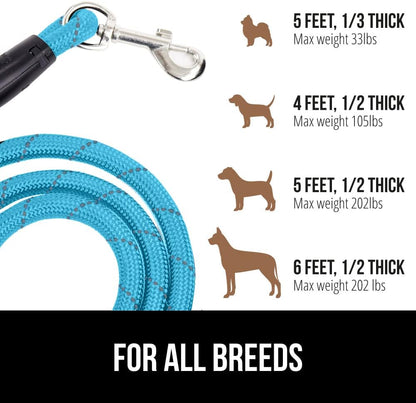 GORILLA GRIP Dog Leash, Heavy Duty Reflective Rope Leashes for Large, Medium, Small Breed Dogs, Puppy Training Essential for Walks, Hikes, Soft Handle, Rotating Metal Clip, Waste Bag Dispenser, Blue