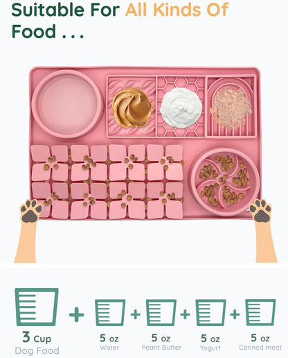 Slow Feeder Bowl Bundle: Pink 4in1 Licking mat (15.75" x 10.5" x 1.2") + Green Starry Sky Feeder (5.3" x 3.7"), Silicone Lick mat with Suction Cups for Slow Eating and Keep Busy