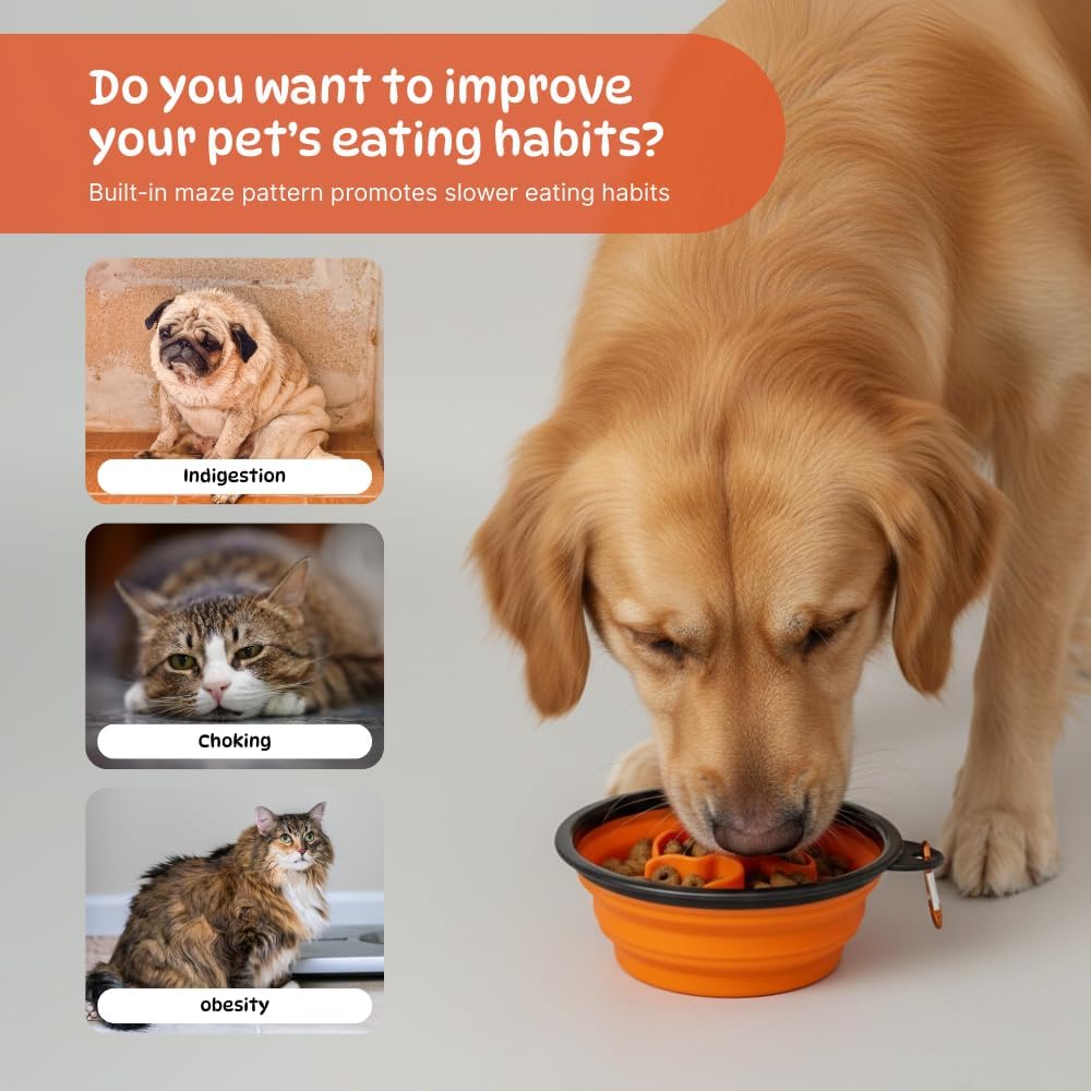 Collapsible Cat Bowl, Maze Design Pet Puzzle Feeder, 650ml Dog Slow Feeding Bowls, Dog Slow Feeding Bowl with Carabiner Portable BPA-Free Silicone Pet Bowls for Hiking, Travel, Camping - Color Orange