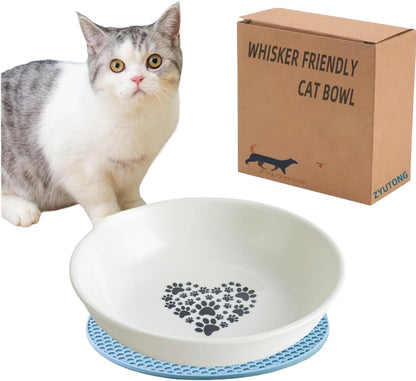 Ceramic Cat Food Bowl, Whisker Fatigue Cat Dishes for Food, Cute Ceramic Cats Bowl for Indoor Cats, 5.5" Flat Kitten Plates for Wet Food, Shallow Kitten Bowls Whisker Friendly