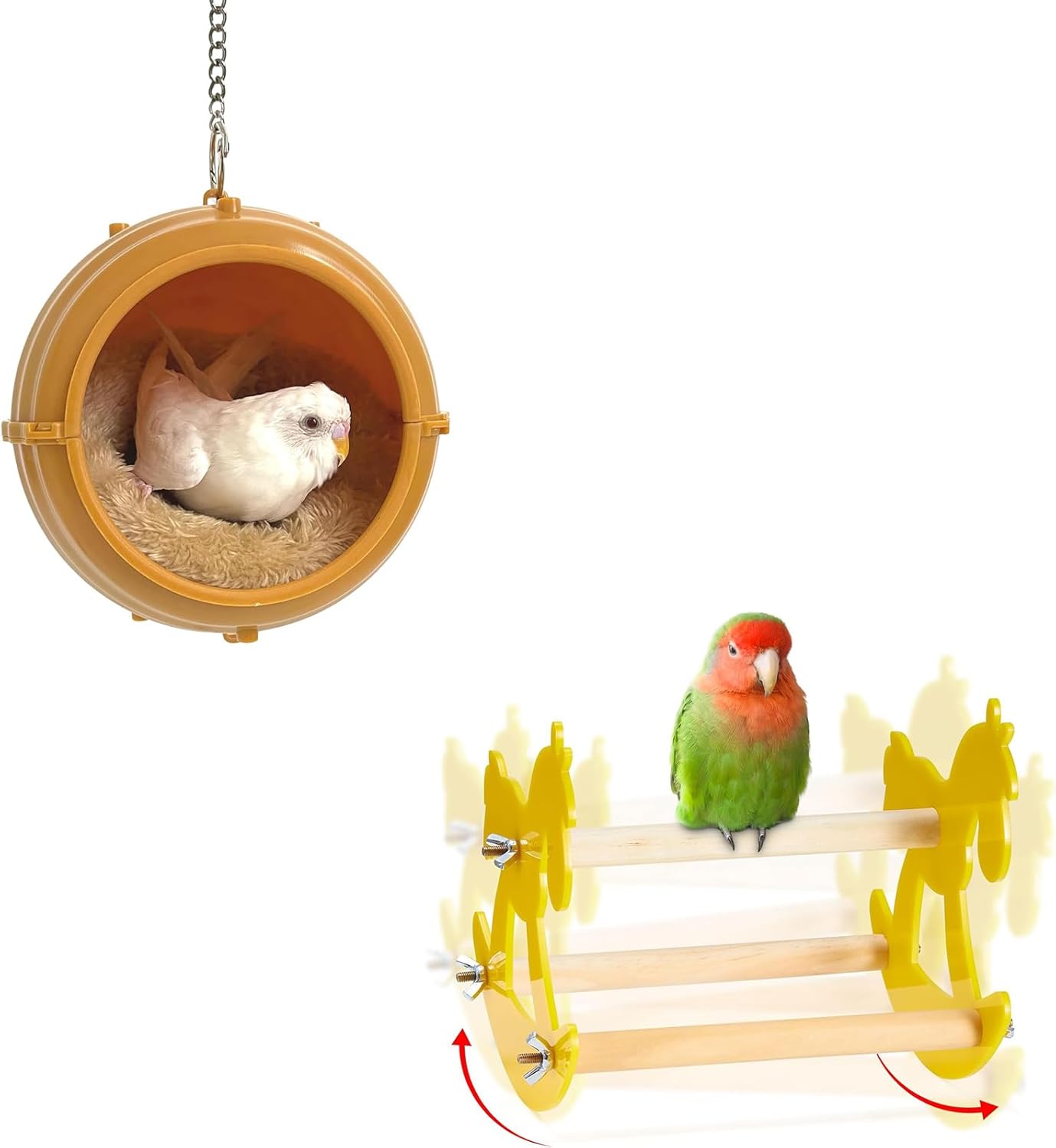 Bird Nest for Cage Swing, Chewproof Small Bird Bed Hanging House Hut & Rocking Bird Perch Toy, Wooden Parrot Toys Training, Intelligence Bird Enrichment Toys for Cockatiels