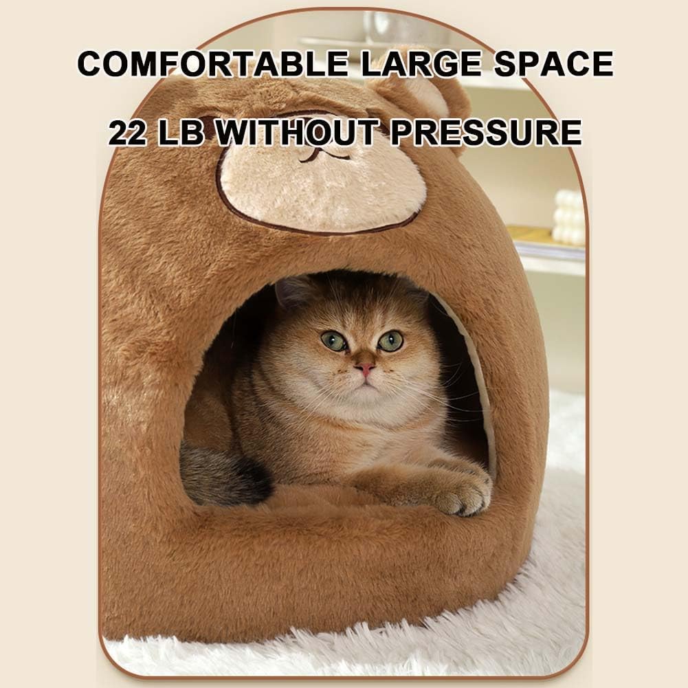 Cat Beds for Indoor Cats - Cute Cat Bed Cat Cave Bed ，Soft Calming Pet Bed with Removable Washable Cushioned Pillow，Cat Hideaway for Kitten&Puppy,Small Dog (Bear，S)