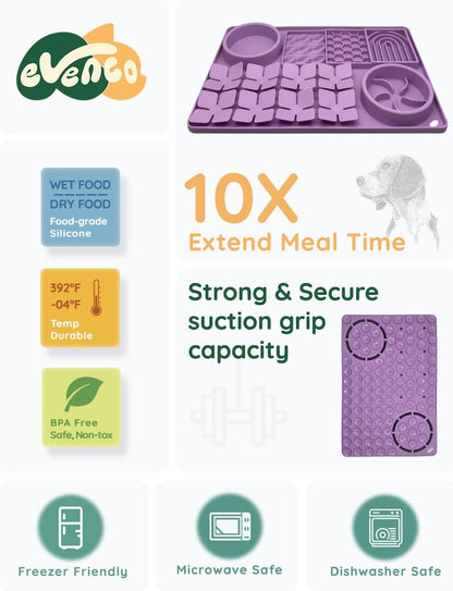 Slow Feeder Bowl Bundle: Purple 4in1 Licking mat (15.75" x 10.5" x 1.2") + Light Blue Starry Sky Feeder (5.3" x 3.7"), Silicone Lick mat with Suction Cups for Slow Eating and Keep Busy