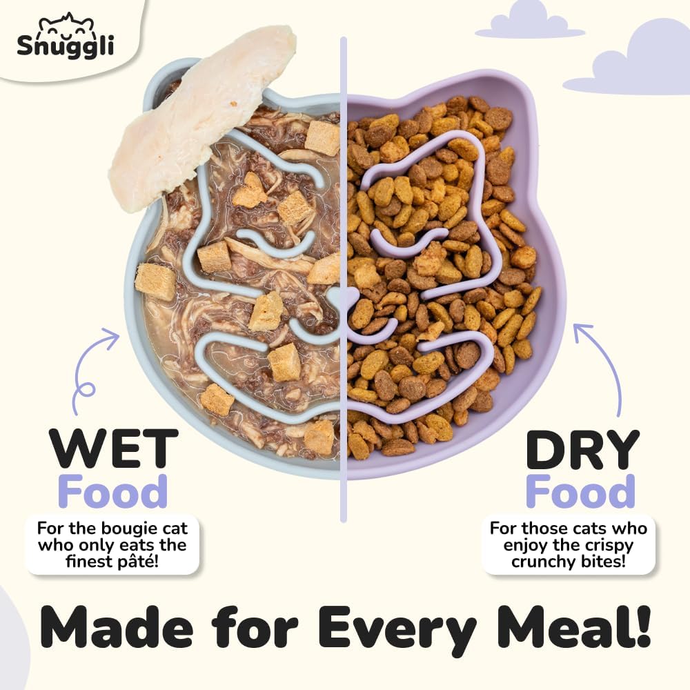 Snuggli Slow Feeder Cat Bowl | Cat Puzzle Feeder for Slow Eating, Mental Enrichment, Digestion, & Bloat Relief | Non-Slip Silicone, Dishwasher Safe, 1 Cup (Lavender)